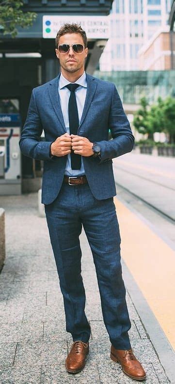 blue suits black shoes belt.